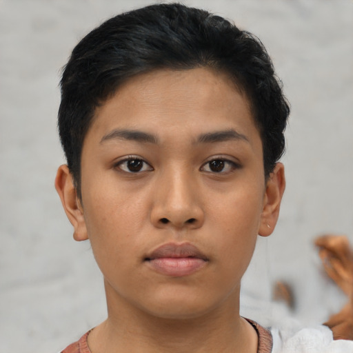 Neutral latino young-adult female with short  black hair and brown eyes