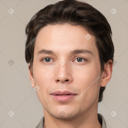 Neutral white young-adult male with short  brown hair and grey eyes