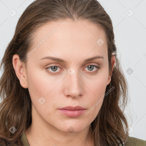 Neutral white young-adult female with long  brown hair and grey eyes