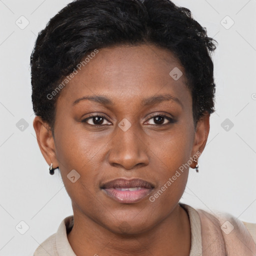 Joyful black young-adult female with short  brown hair and brown eyes