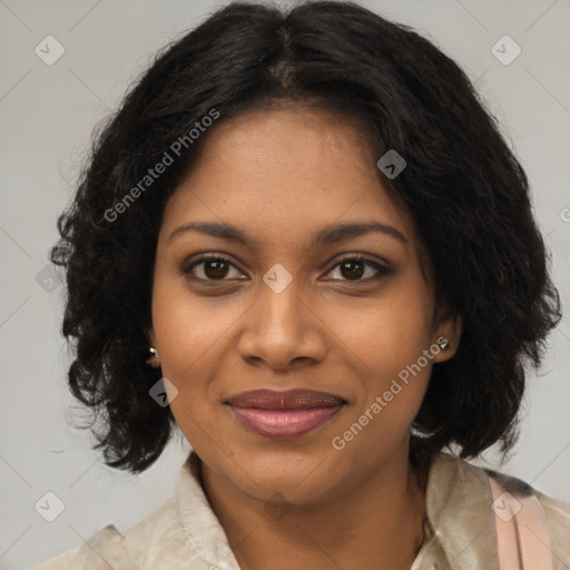 Joyful black young-adult female with medium  brown hair and brown eyes