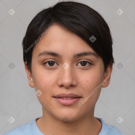 Joyful asian young-adult female with short  brown hair and brown eyes