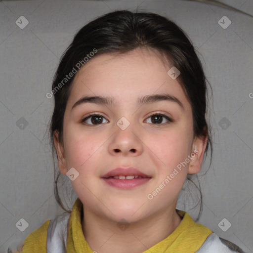 Joyful white child female with medium  brown hair and brown eyes