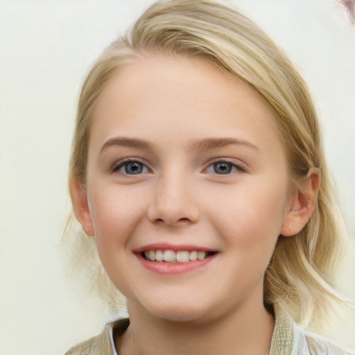 Joyful white child female with medium  brown hair and blue eyes