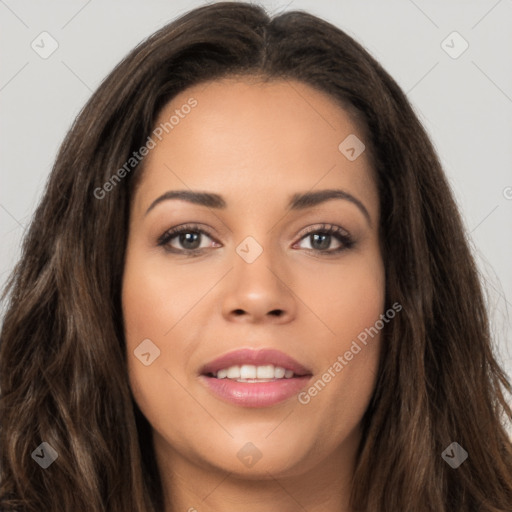 Joyful white young-adult female with long  brown hair and brown eyes