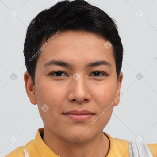 Joyful asian young-adult male with short  brown hair and brown eyes