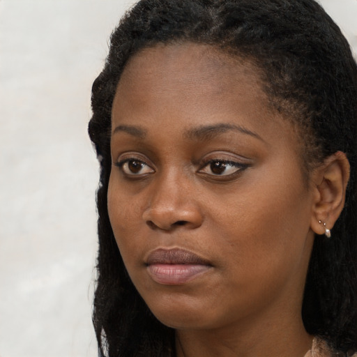 Joyful black young-adult female with long  brown hair and brown eyes