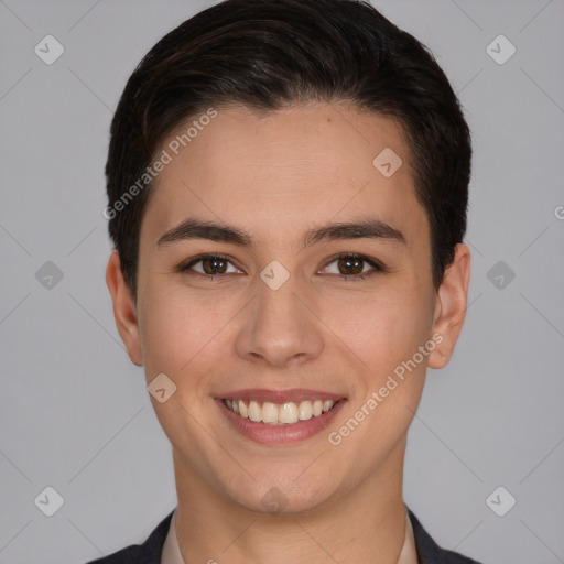 Joyful white young-adult female with short  brown hair and brown eyes