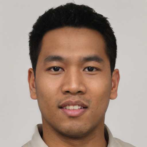 Neutral asian young-adult male with short  black hair and brown eyes