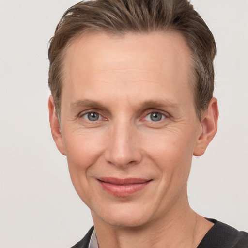 Joyful white adult male with short  brown hair and grey eyes