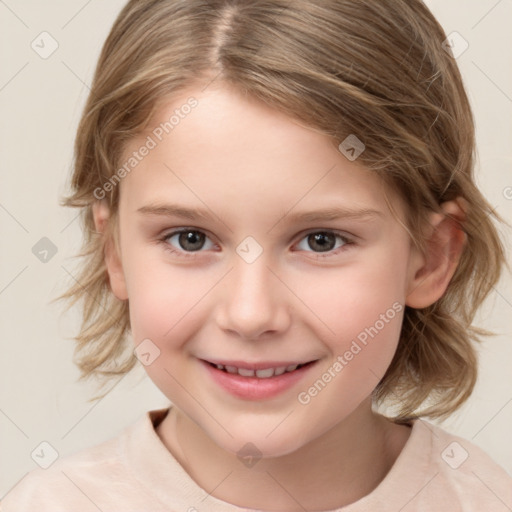 Joyful white child female with medium  brown hair and brown eyes