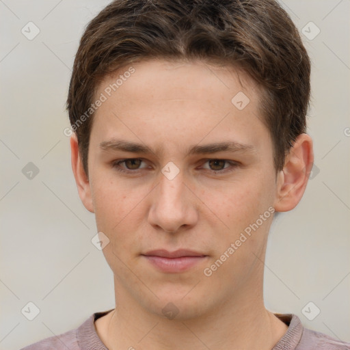 Neutral white young-adult male with short  brown hair and grey eyes