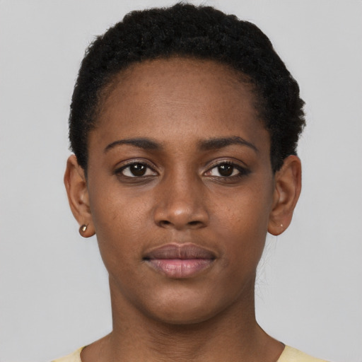 Neutral black young-adult female with short  black hair and brown eyes