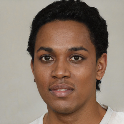 Neutral black young-adult female with short  black hair and brown eyes