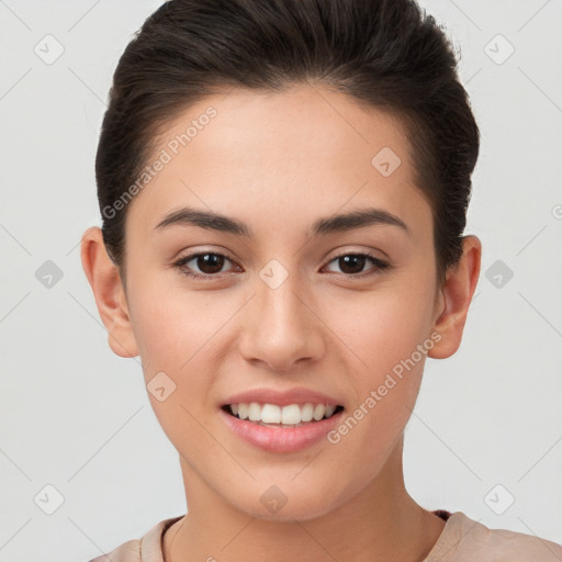 Joyful white young-adult female with short  brown hair and brown eyes