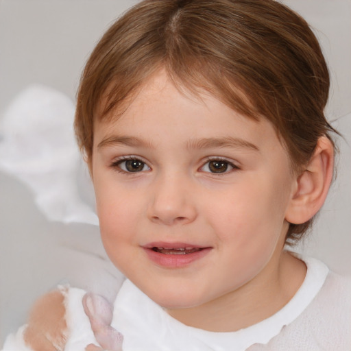 Joyful white child female with medium  brown hair and brown eyes