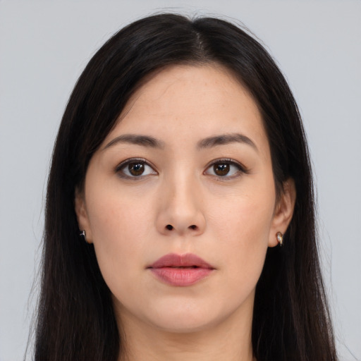 Neutral asian young-adult female with long  brown hair and brown eyes