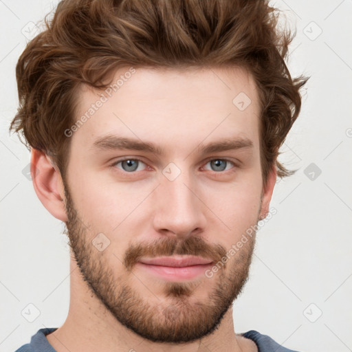 Neutral white young-adult male with short  brown hair and grey eyes