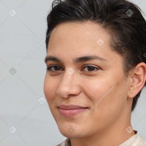 Joyful white young-adult female with medium  brown hair and brown eyes