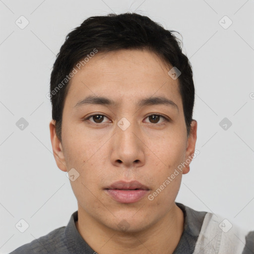 Neutral asian young-adult male with short  black hair and brown eyes