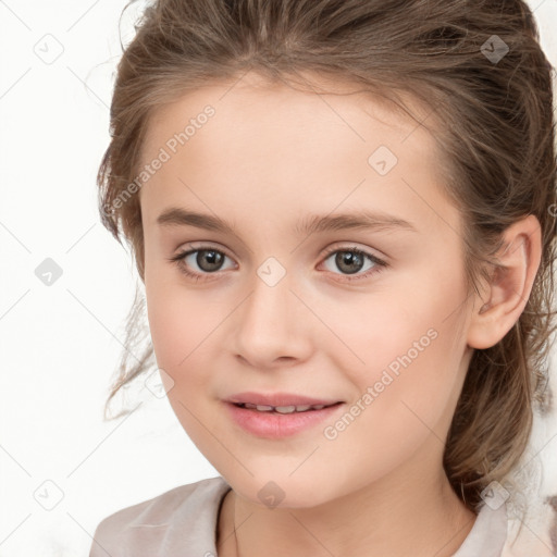 Joyful white child female with medium  brown hair and brown eyes