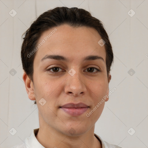 Joyful white young-adult female with short  brown hair and brown eyes