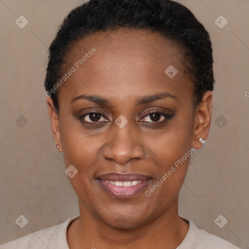 Joyful latino young-adult female with short  black hair and brown eyes