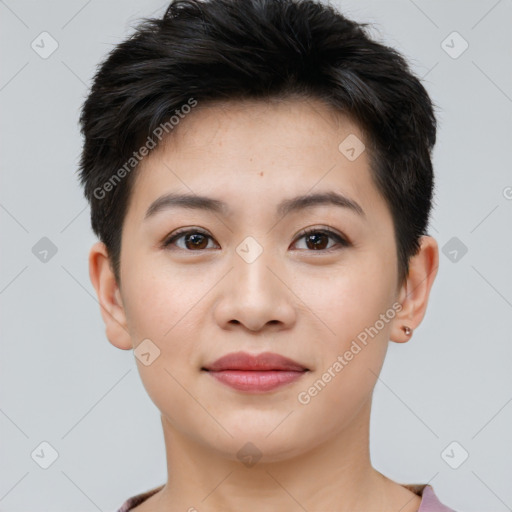 Joyful asian young-adult female with short  brown hair and brown eyes