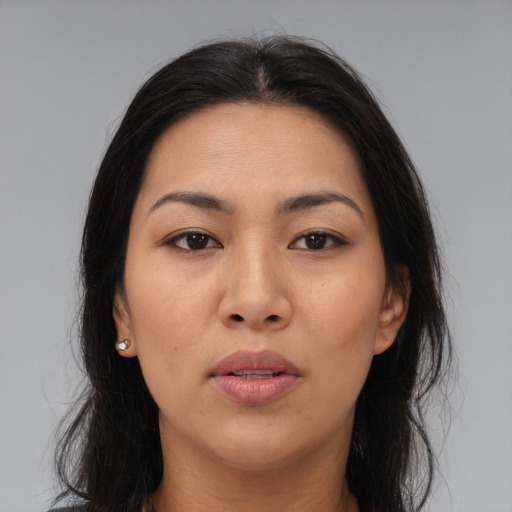 Neutral asian young-adult female with long  brown hair and brown eyes