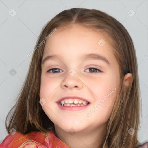 Joyful white child female with medium  brown hair and brown eyes