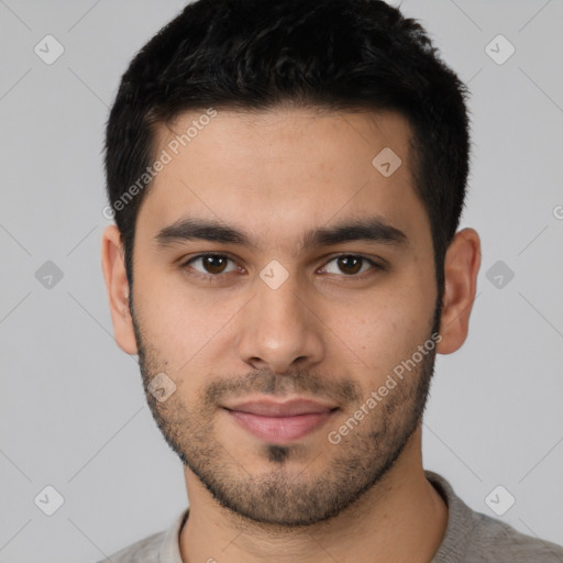 Neutral white young-adult male with short  black hair and brown eyes