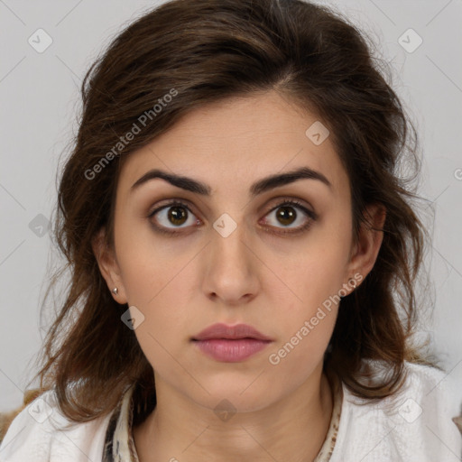 Neutral white young-adult female with medium  brown hair and brown eyes