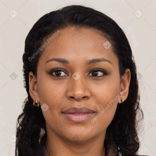 Joyful latino young-adult female with long  brown hair and brown eyes
