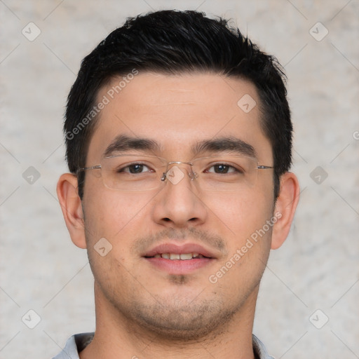 Neutral asian young-adult male with short  black hair and brown eyes