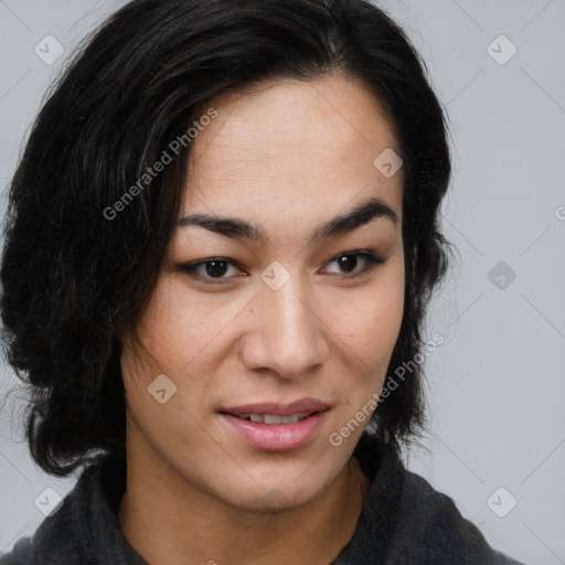 Joyful asian young-adult female with medium  brown hair and brown eyes