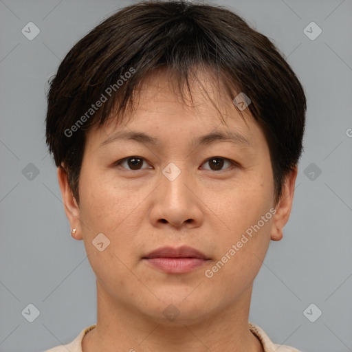 Joyful asian adult female with short  brown hair and brown eyes