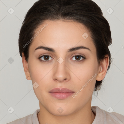 Neutral white young-adult female with medium  brown hair and brown eyes