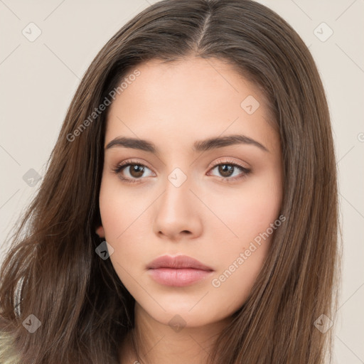 Neutral white young-adult female with long  brown hair and brown eyes