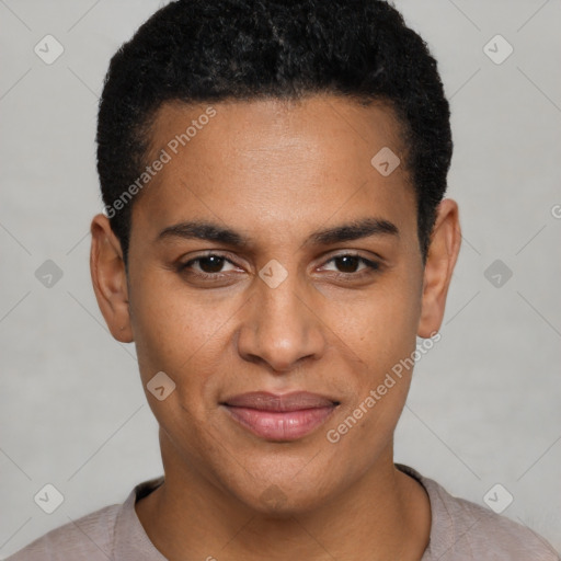 Joyful black young-adult male with short  black hair and brown eyes