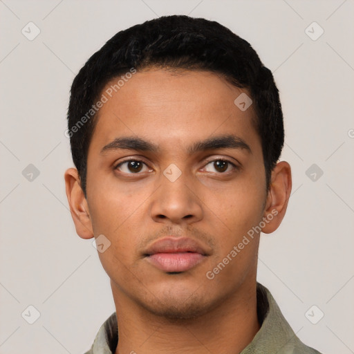 Neutral latino young-adult male with short  black hair and brown eyes