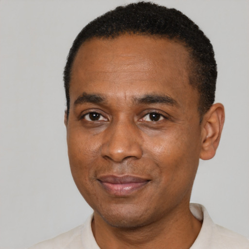 Joyful black adult male with short  black hair and brown eyes