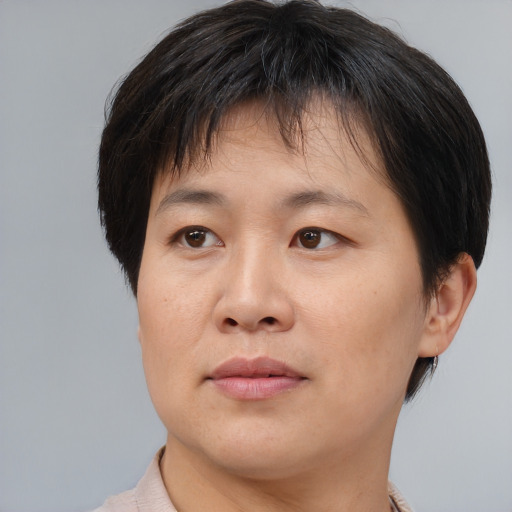 Neutral asian young-adult female with short  brown hair and brown eyes