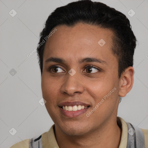 Joyful latino young-adult female with short  brown hair and brown eyes