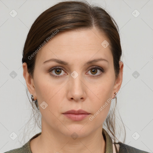 Neutral white young-adult female with medium  brown hair and grey eyes