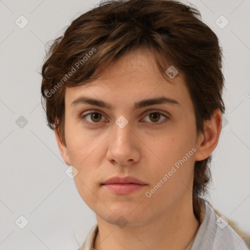 Neutral white young-adult female with short  brown hair and brown eyes