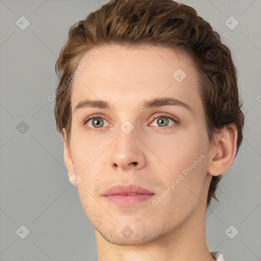 Neutral white young-adult male with short  brown hair and grey eyes