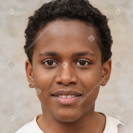 Joyful black young-adult male with short  brown hair and brown eyes