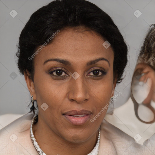 Joyful black adult female with short  brown hair and brown eyes