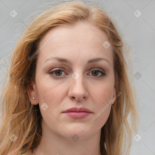 Joyful white young-adult female with medium  brown hair and blue eyes