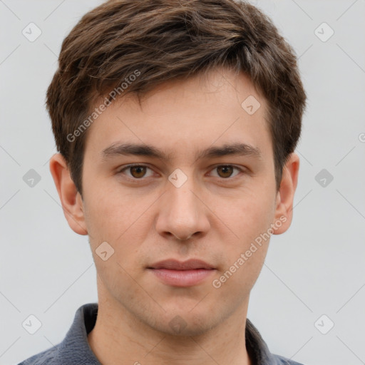 Neutral white young-adult male with short  brown hair and grey eyes